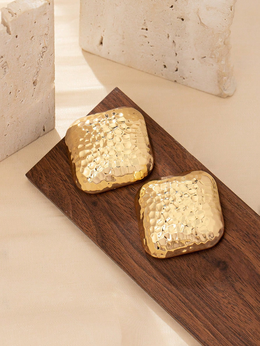Square Metal Stud Earrings, Hammered Gold-Tone Jewelry, Casual & Versatile Accessory