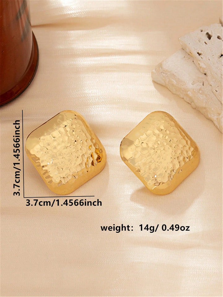 Square Metal Stud Earrings, Hammered Gold-Tone Jewelry, Casual & Versatile Accessory