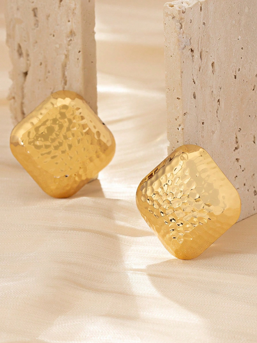 Square Metal Stud Earrings, Hammered Gold-Tone Jewelry, Casual & Versatile Accessory