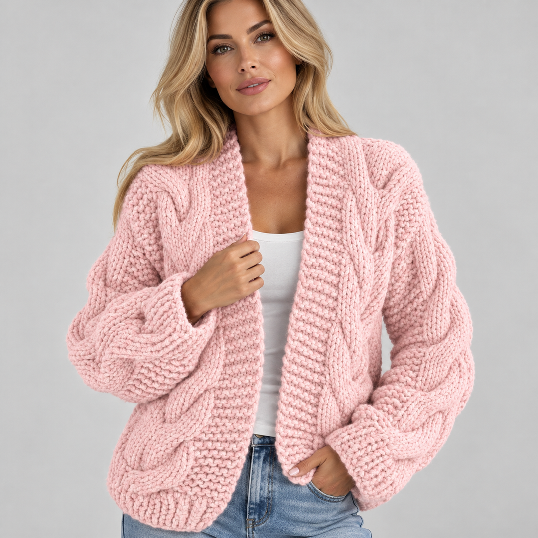 Cardigan dame i oversized grovstrik med åben front
