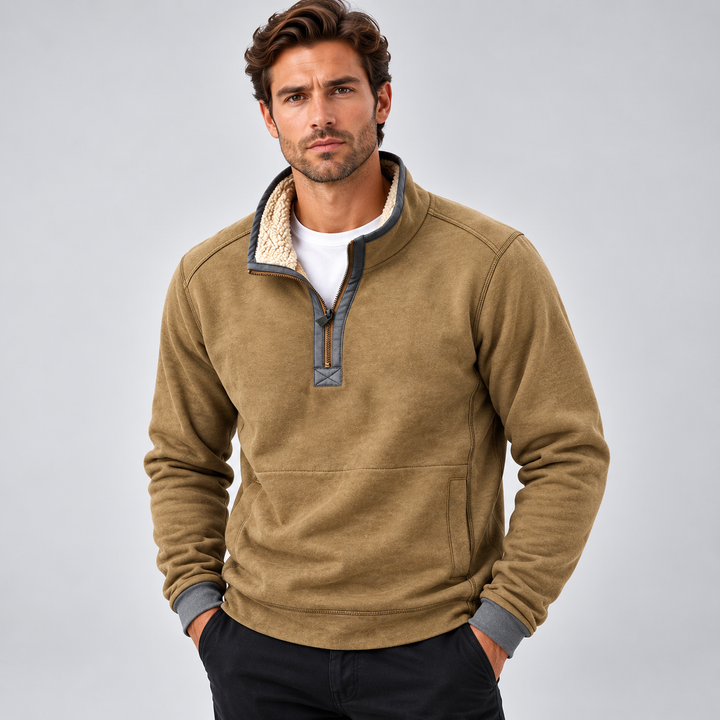 Herre pullover med kvart lynlås og fleeceforet krave
