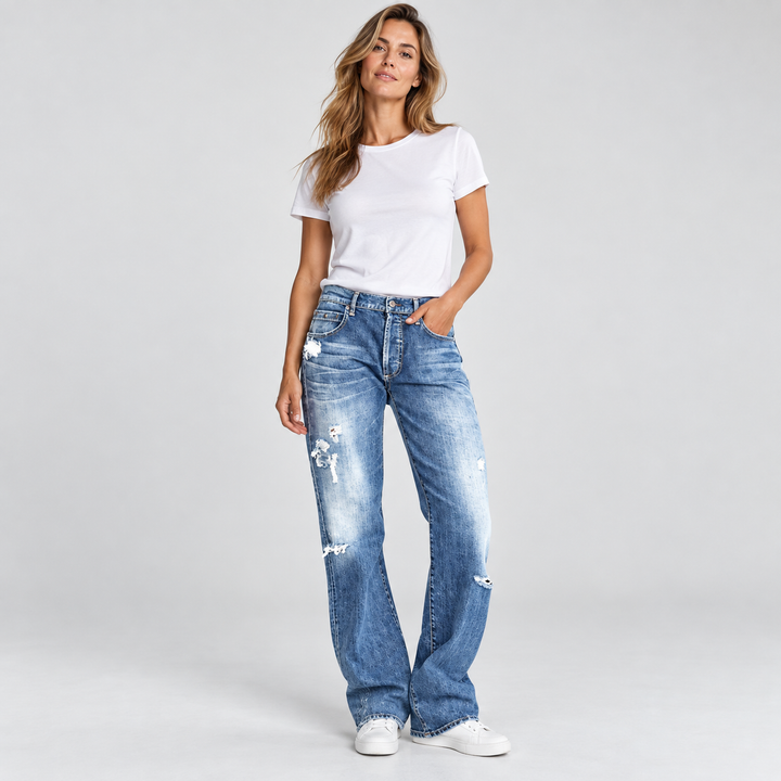 Dame jeans med lav talje lige ben og distressed detaljer