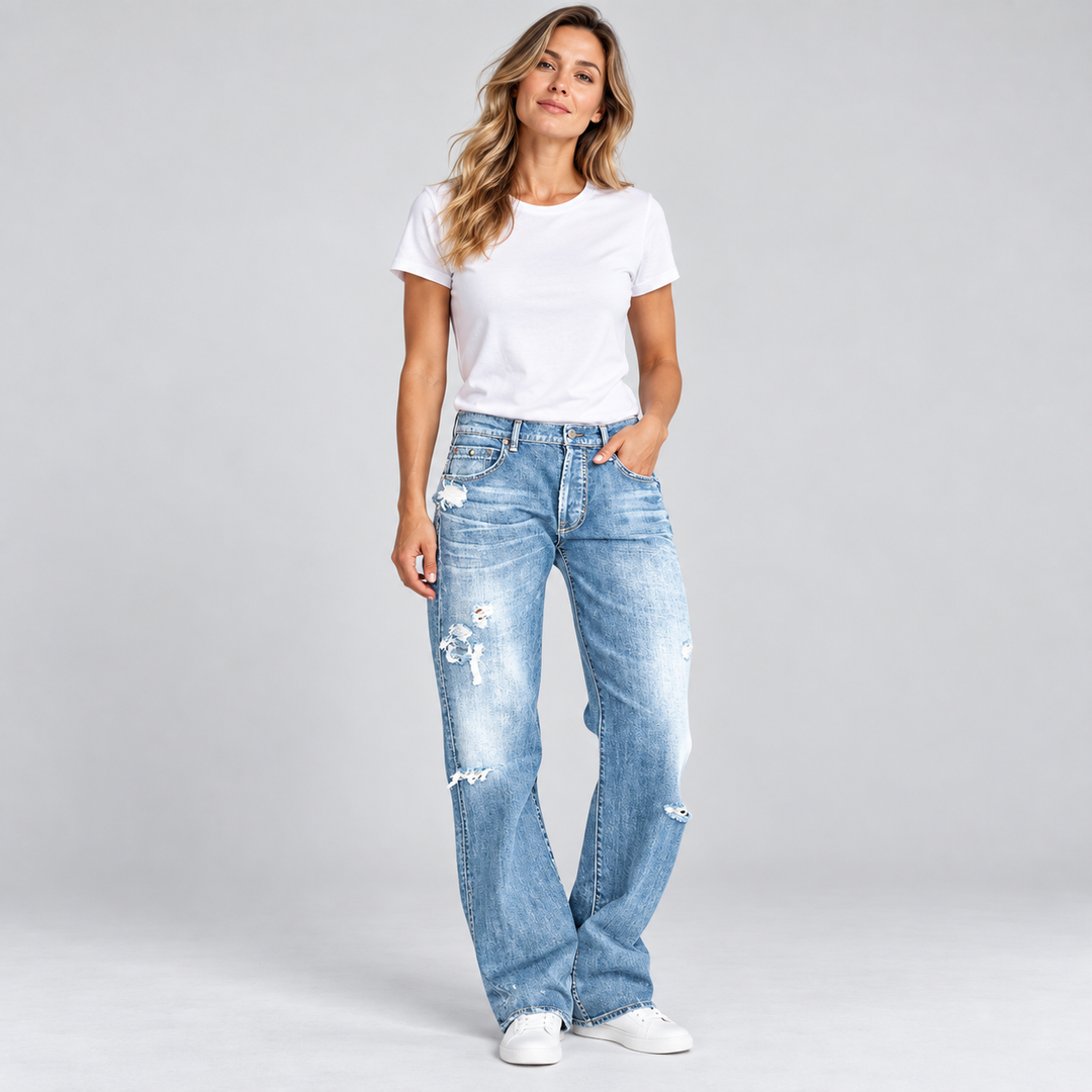 Dame jeans med lav talje lige ben og distressed detaljer