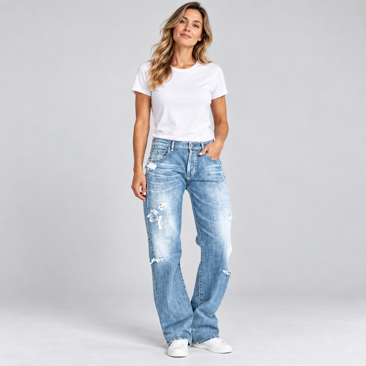 Dame jeans med lav talje lige ben og distressed detaljer