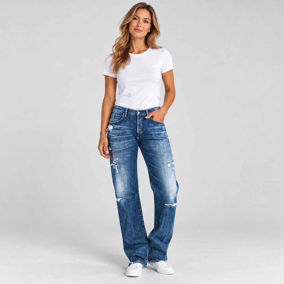 Dame jeans med lav talje lige ben og distressed detaljer