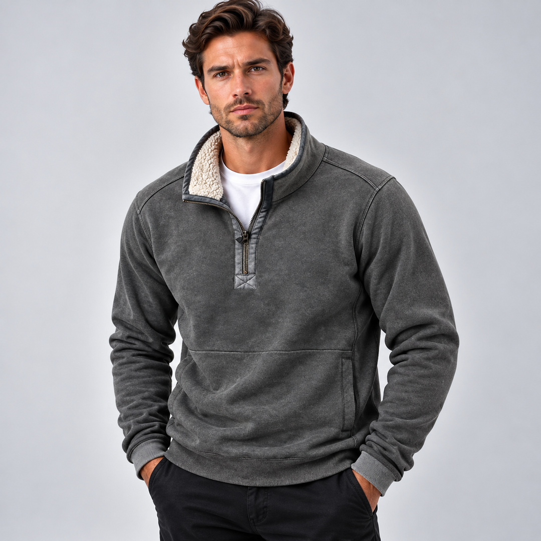 Herre pullover med kvart lynlås og fleeceforet krave