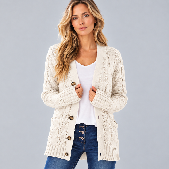 Dame Lang Kabelstrikket Cardigan med Knapper og Lommer