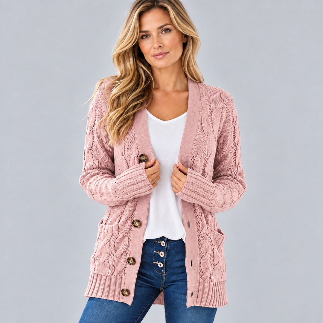Dame Lang Kabelstrikket Cardigan med Knapper og Lommer