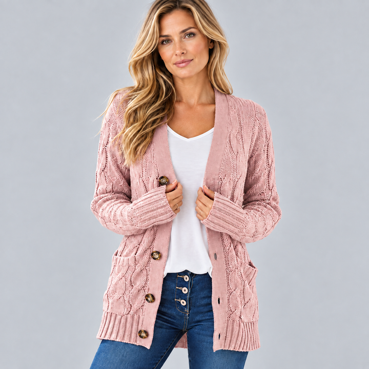 Dame Lang Kabelstrikket Cardigan med Knapper og Lommer