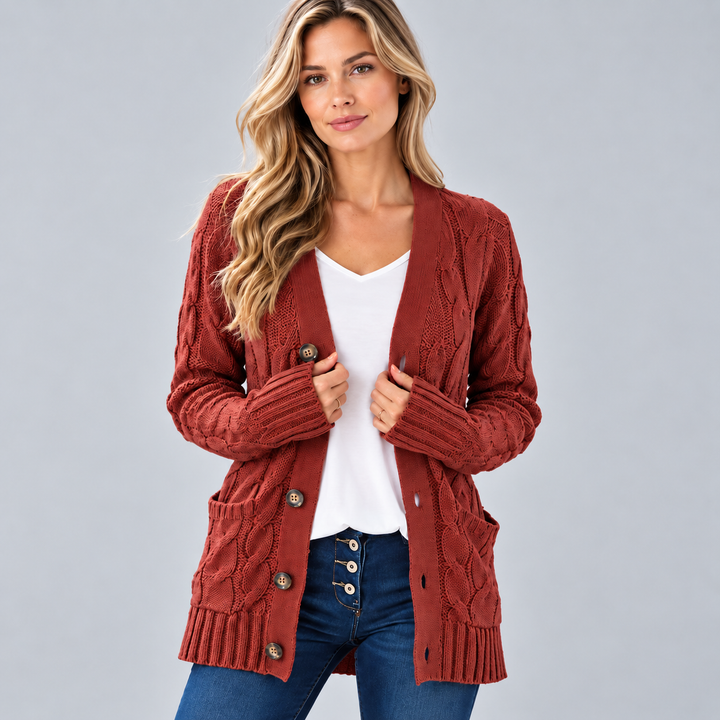 Dame Lang Kabelstrikket Cardigan med Knapper og Lommer