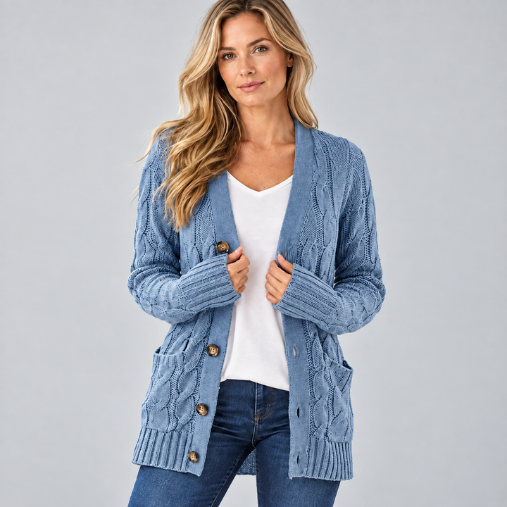 Dame Lang Kabelstrikket Cardigan med Knapper og Lommer