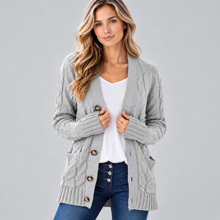 Dame Lang Kabelstrikket Cardigan med Knapper og Lommer