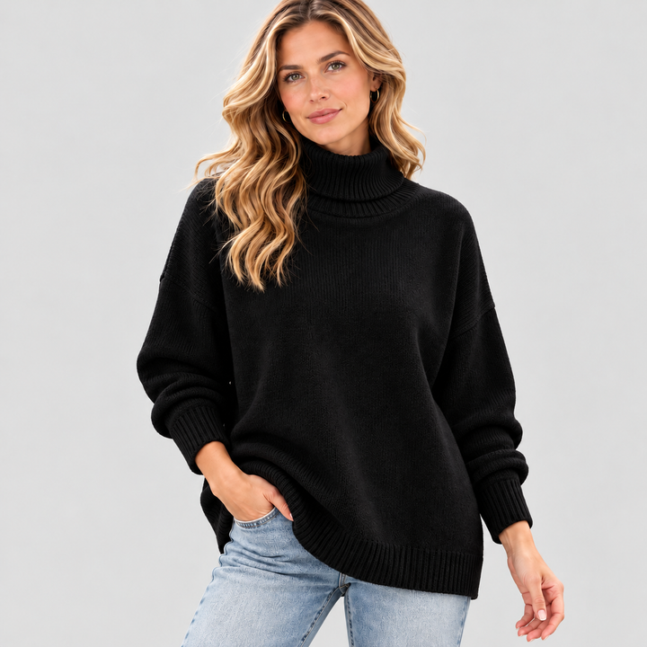 Dame Oversized Striktrøje med Rullekrave og Lange Ærmer