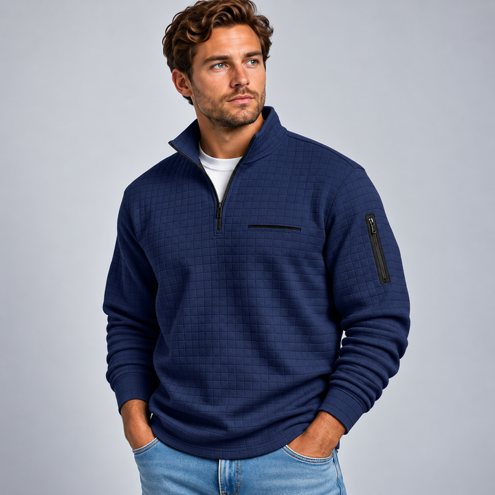 Herre Sweatshirt med Half Zip Ståkrave og Struktureret Overflade