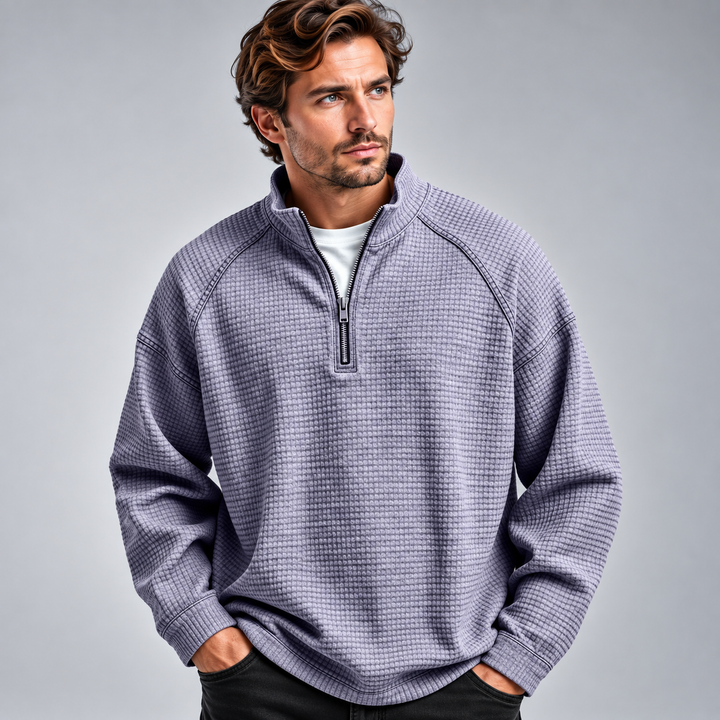 Herre sweatshirt med halv lynlås høj krave og vaffelstruktur