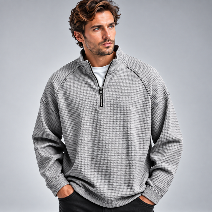 Herre sweatshirt med halv lynlås høj krave og vaffelstruktur