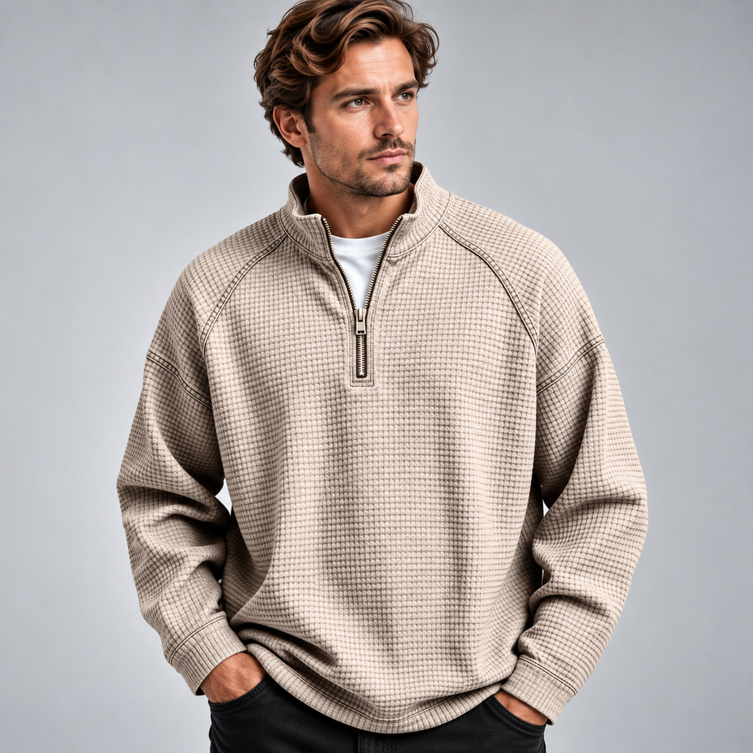 Herre sweatshirt med halv lynlås høj krave og vaffelstruktur