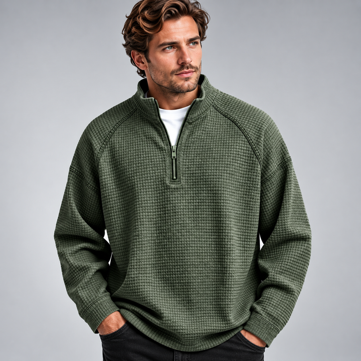 Herre sweatshirt med halv lynlås høj krave og vaffelstruktur