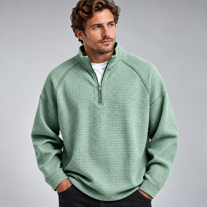 Herre sweatshirt med halv lynlås høj krave og vaffelstruktur