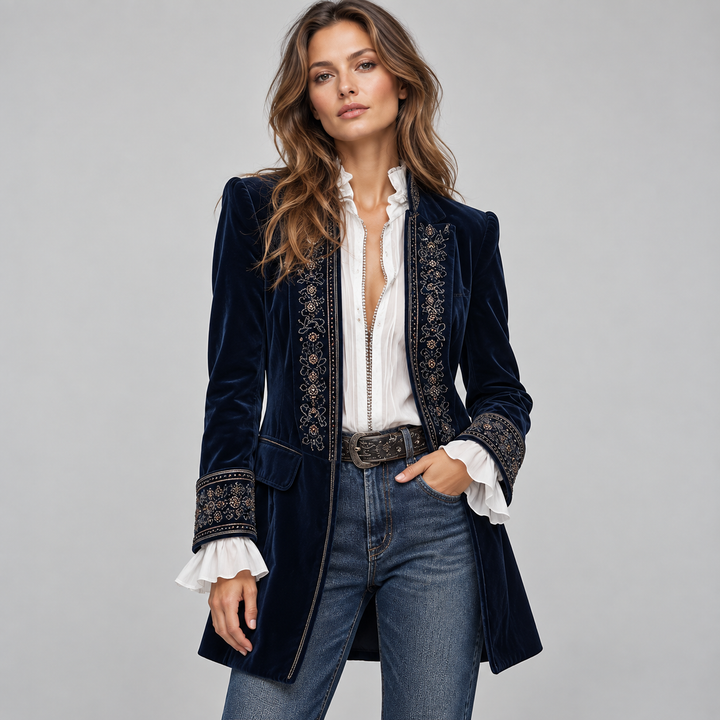 Dame fløjlsblazer med broderede detaljer og lang pasform