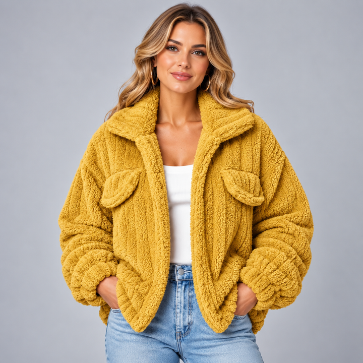 Dame teddyjakke med oversized pasform og brystlommer