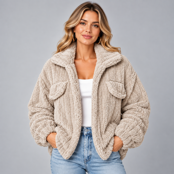 Dame teddyjakke med oversized pasform og brystlommer