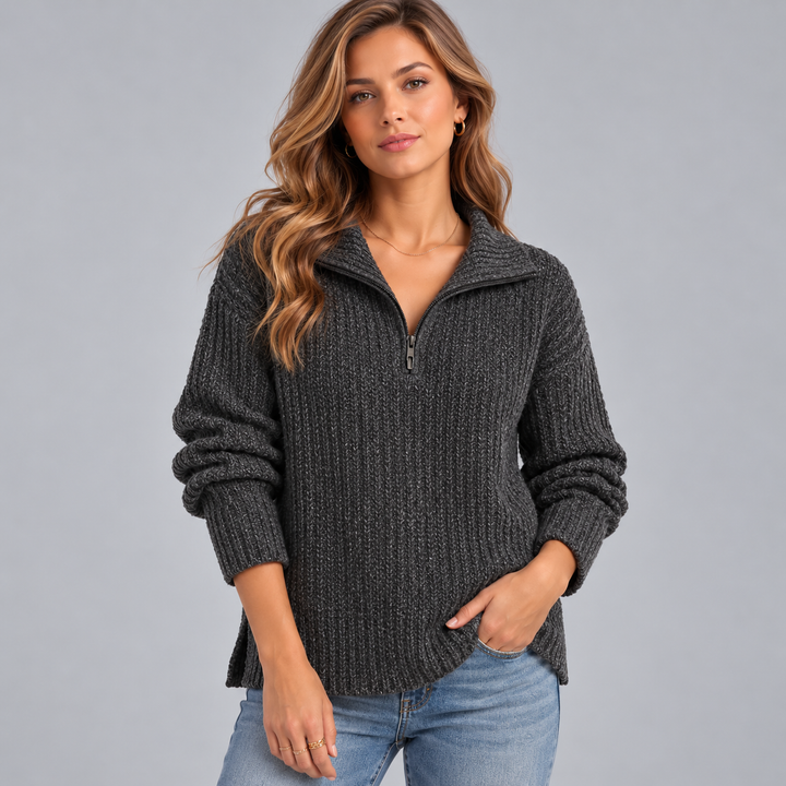 Dame ribstrikket sweater med halv lynlås og høj krave