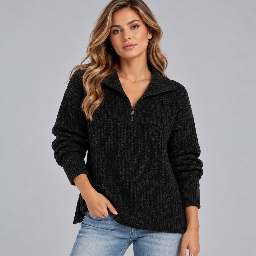 Dame ribstrikket sweater med halv lynlås og høj krave