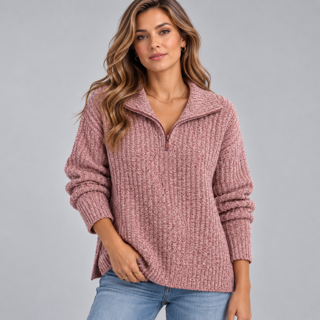 Dame ribstrikket sweater med halv lynlås og høj krave