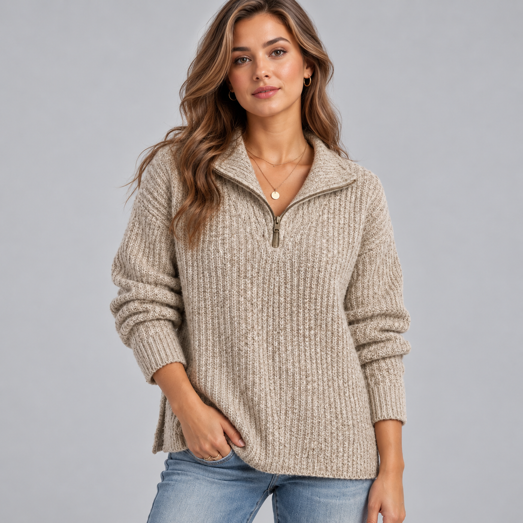 Dame ribstrikket sweater med halv lynlås og høj krave