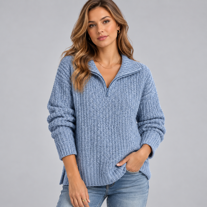 Dame ribstrikket sweater med halv lynlås og høj krave