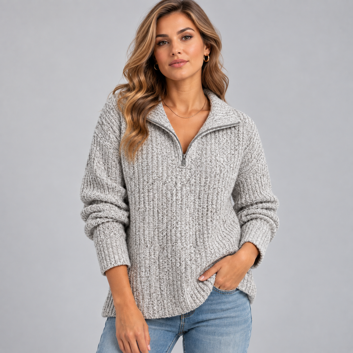 Dame ribstrikket sweater med halv lynlås og høj krave