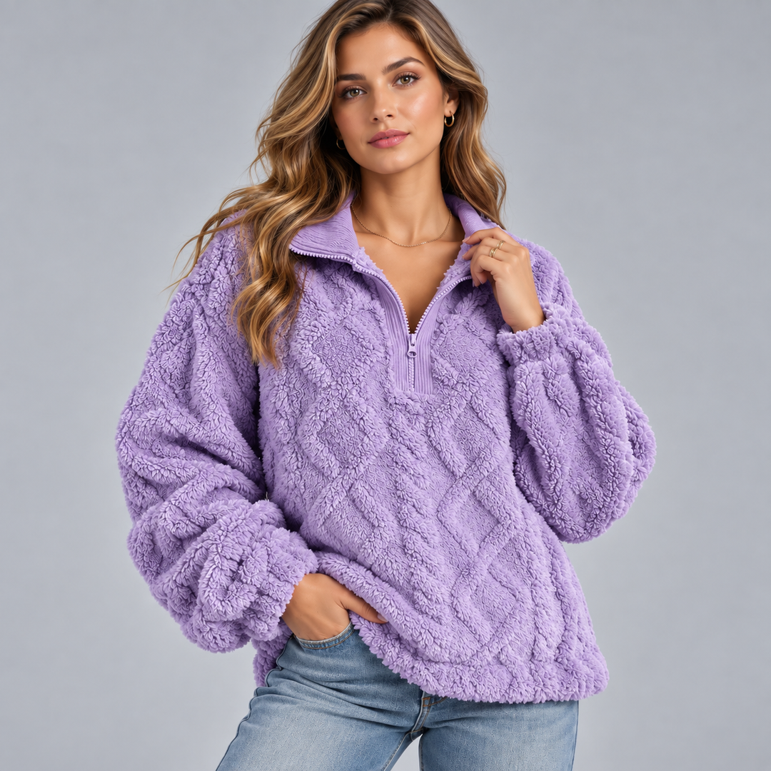 Dame teddy sweater med halv lynlås og oversized pasform