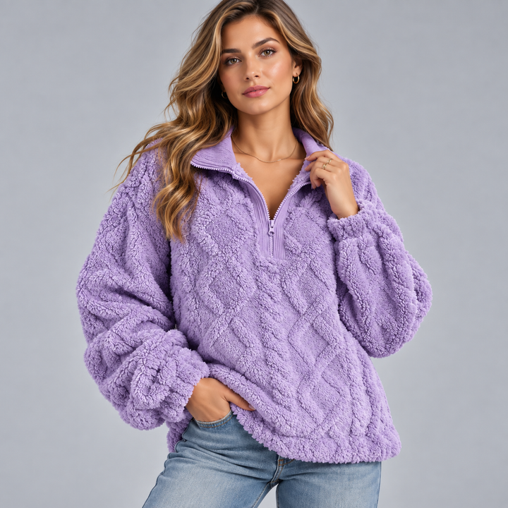 Dame teddy sweater med halv lynlås og oversized pasform