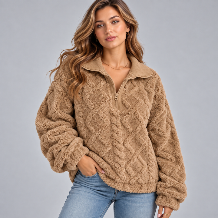 Dame teddy sweater med halv lynlås og oversized pasform
