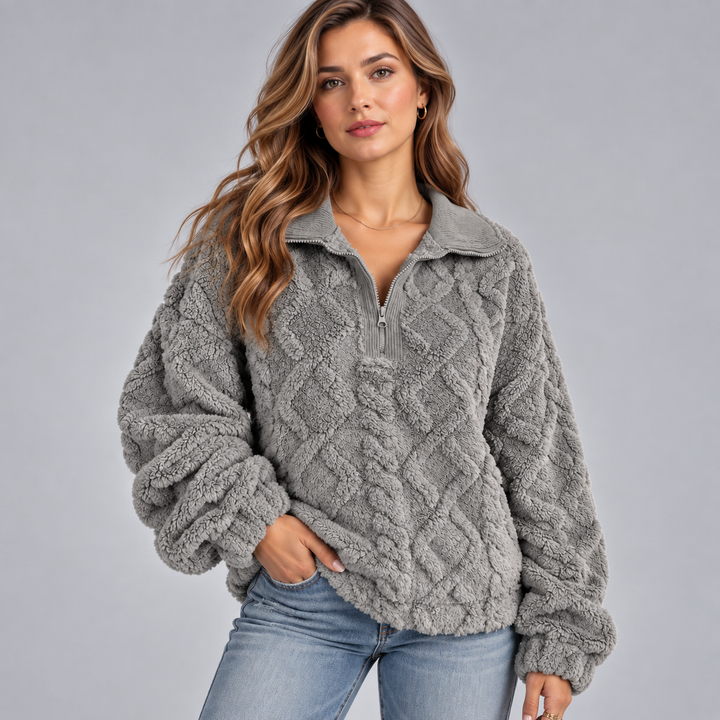 Dame teddy sweater med halv lynlås og oversized pasform