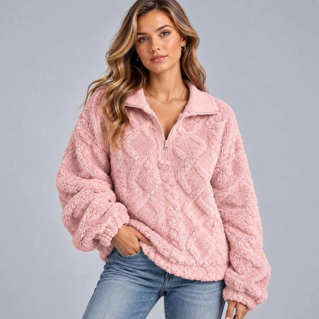 Dame teddy sweater med halv lynlås og oversized pasform