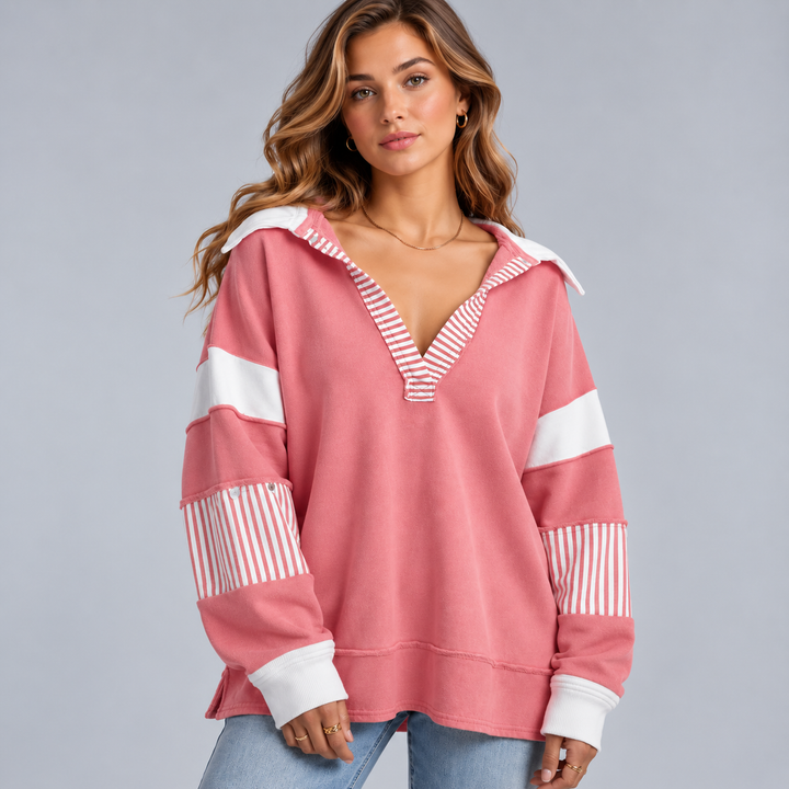 Dame oversized sweatshirt med V-hals og stribede detaljer
