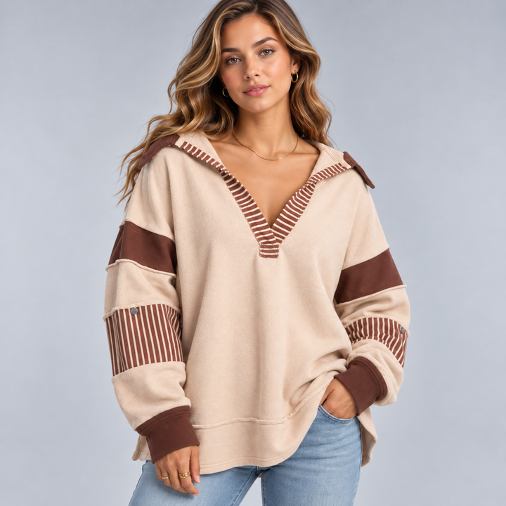 Dame oversized sweatshirt med V-hals og stribede detaljer