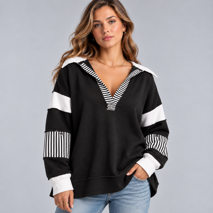 Dame oversized sweatshirt med V-hals og stribede detaljer