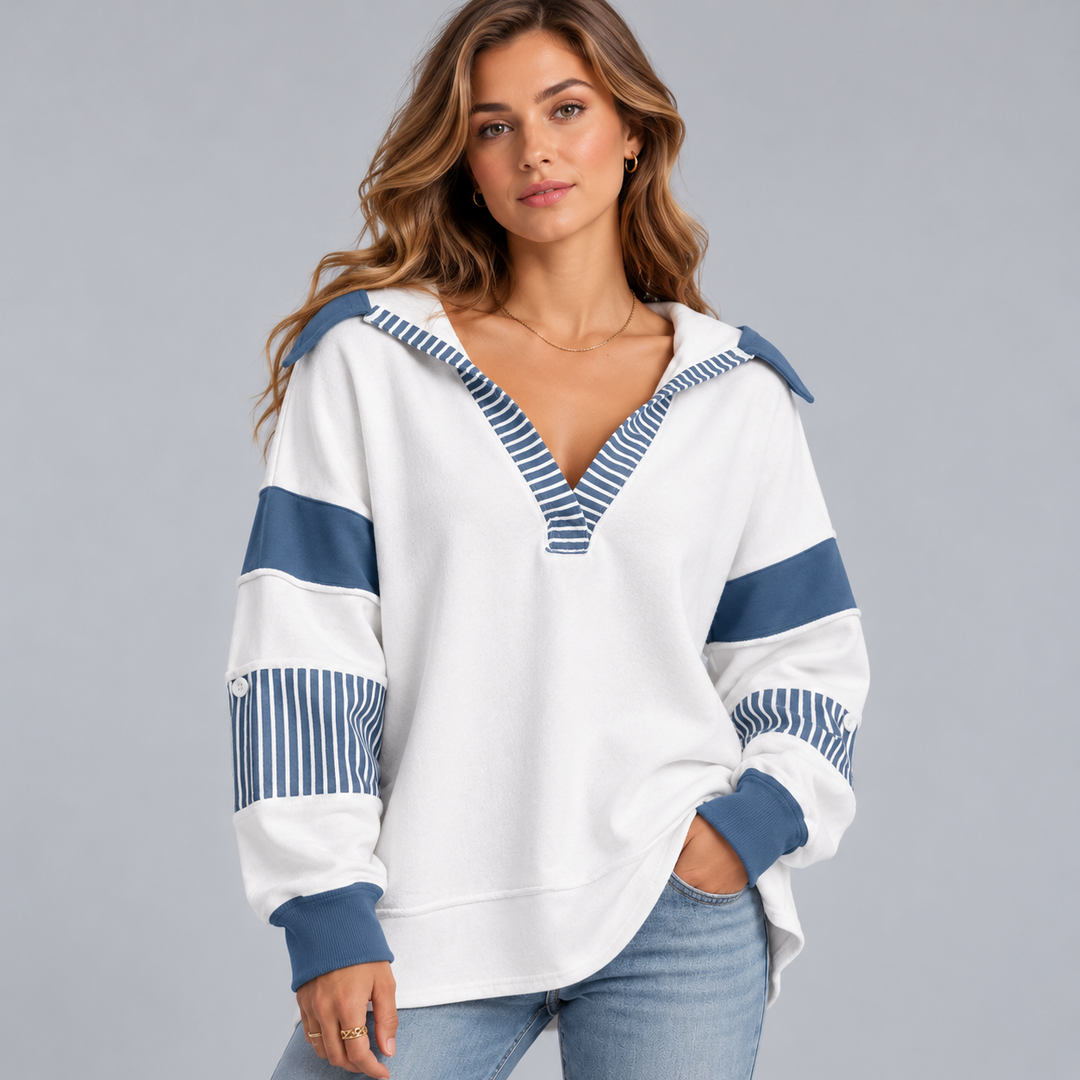 Dame oversized sweatshirt med V-hals og stribede detaljer