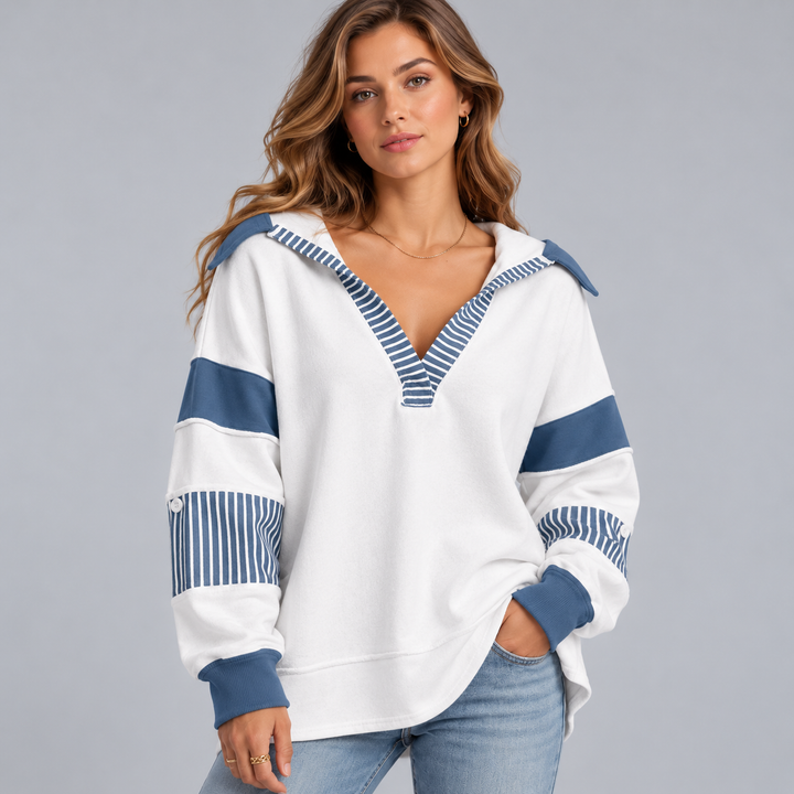 Dame oversized sweatshirt med V-hals og stribede detaljer