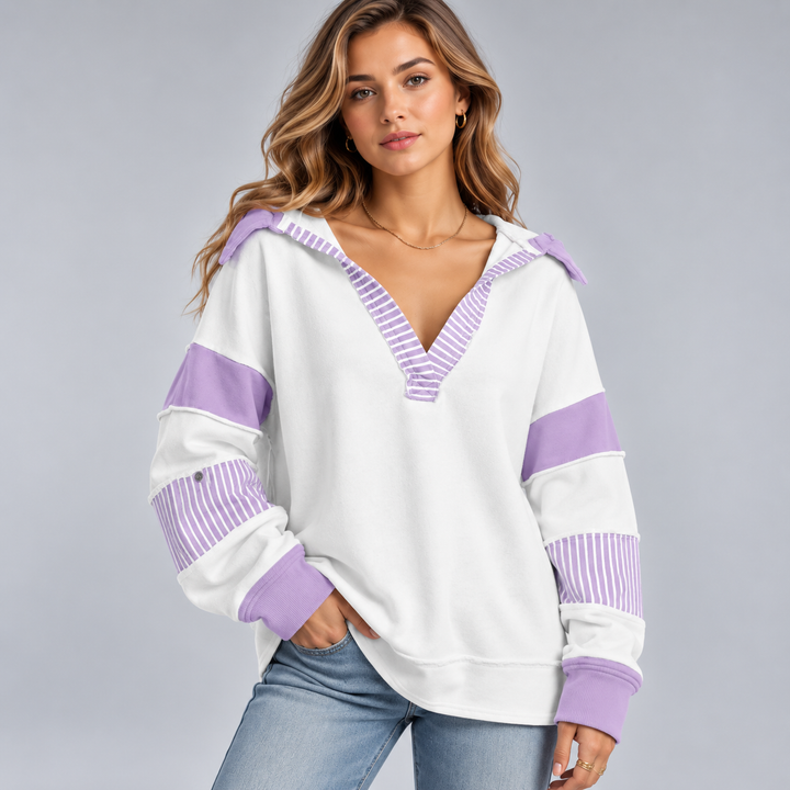 Dame oversized sweatshirt med V-hals og stribede detaljer