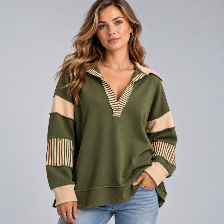 Dame oversized sweatshirt med V-hals og stribede detaljer