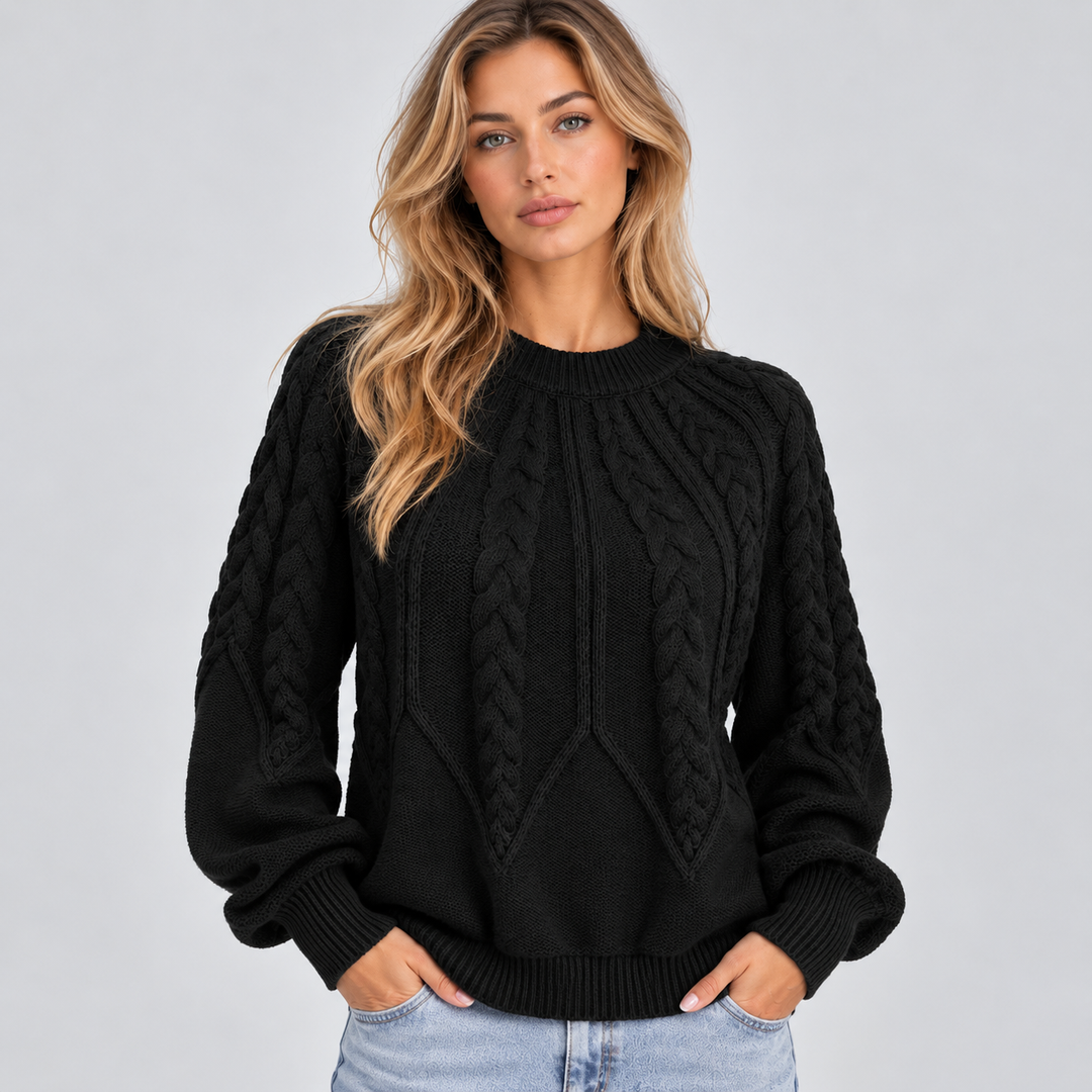 Dame kabelstrikket sweater med rund hals og lange ærmer