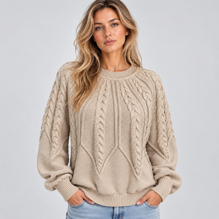 Dame kabelstrikket sweater med rund hals og lange ærmer