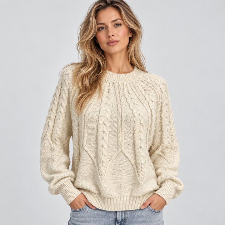 Dame kabelstrikket sweater med rund hals og lange ærmer