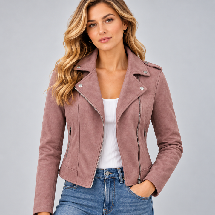 Dame bikerjakke med asymmetrisk lynlås og skulderstropper
