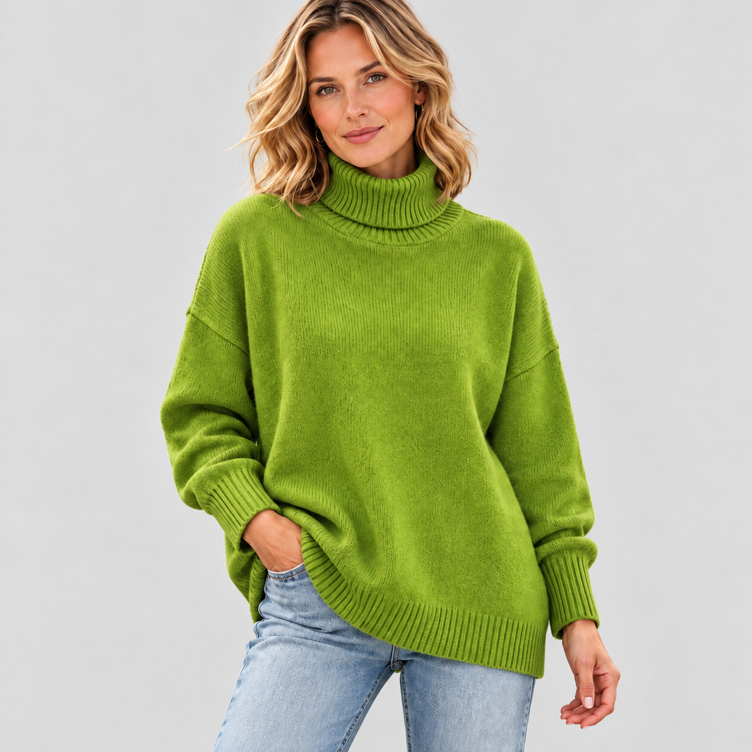 Dame Oversized Striktrøje med Rullekrave og Lange Ærmer