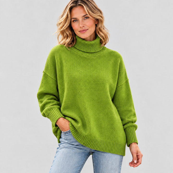 Dame Oversized Striktrøje med Rullekrave og Lange Ærmer